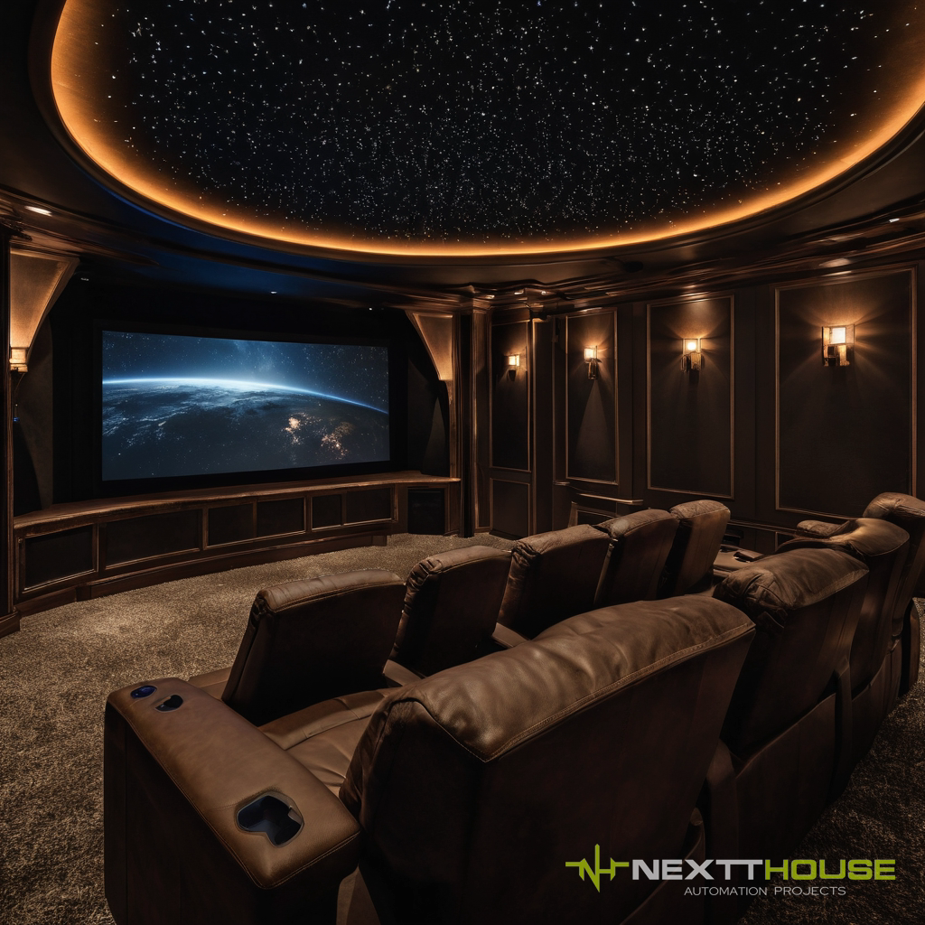 Home theater dedicado dos sonhos com teto estrelado, tela curva iluminada e fileiras de poltronas reclináveis, ambiente escuro e cinematográfico, projeto NEXTTHOUSE.