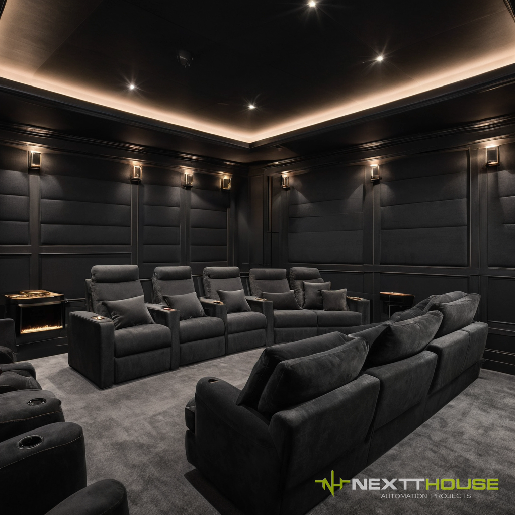 Sala de home cinema privativo em tom escuro sofisticado, com painéis acústicos, tela ampla iluminada e poltronas em degraus, projeto NEXTTHOUSE.