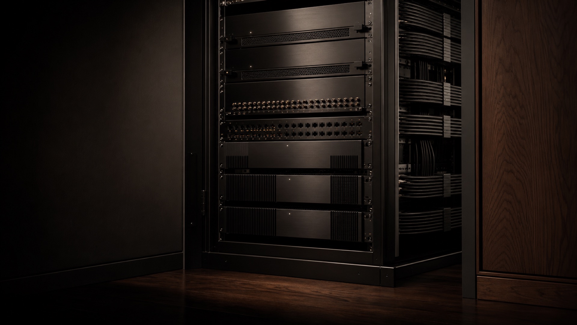 Rack de áudio e vídeo com amplificação, matriz de distribuição de sinal e cabeamento organizado — a camada de hardware e sinal que a NEXTTHOUSE especifica em projetos de alto padrão em São Paulo.