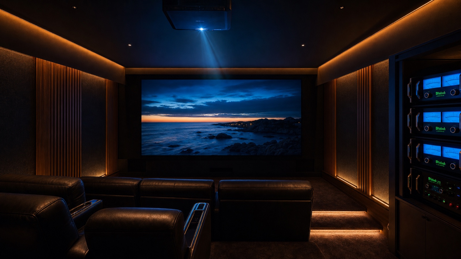 Projeção de cinema em sala privativa NEXTTHOUSE equipada com projetor Barco, tela de grande formato e iluminação cênica discreta.