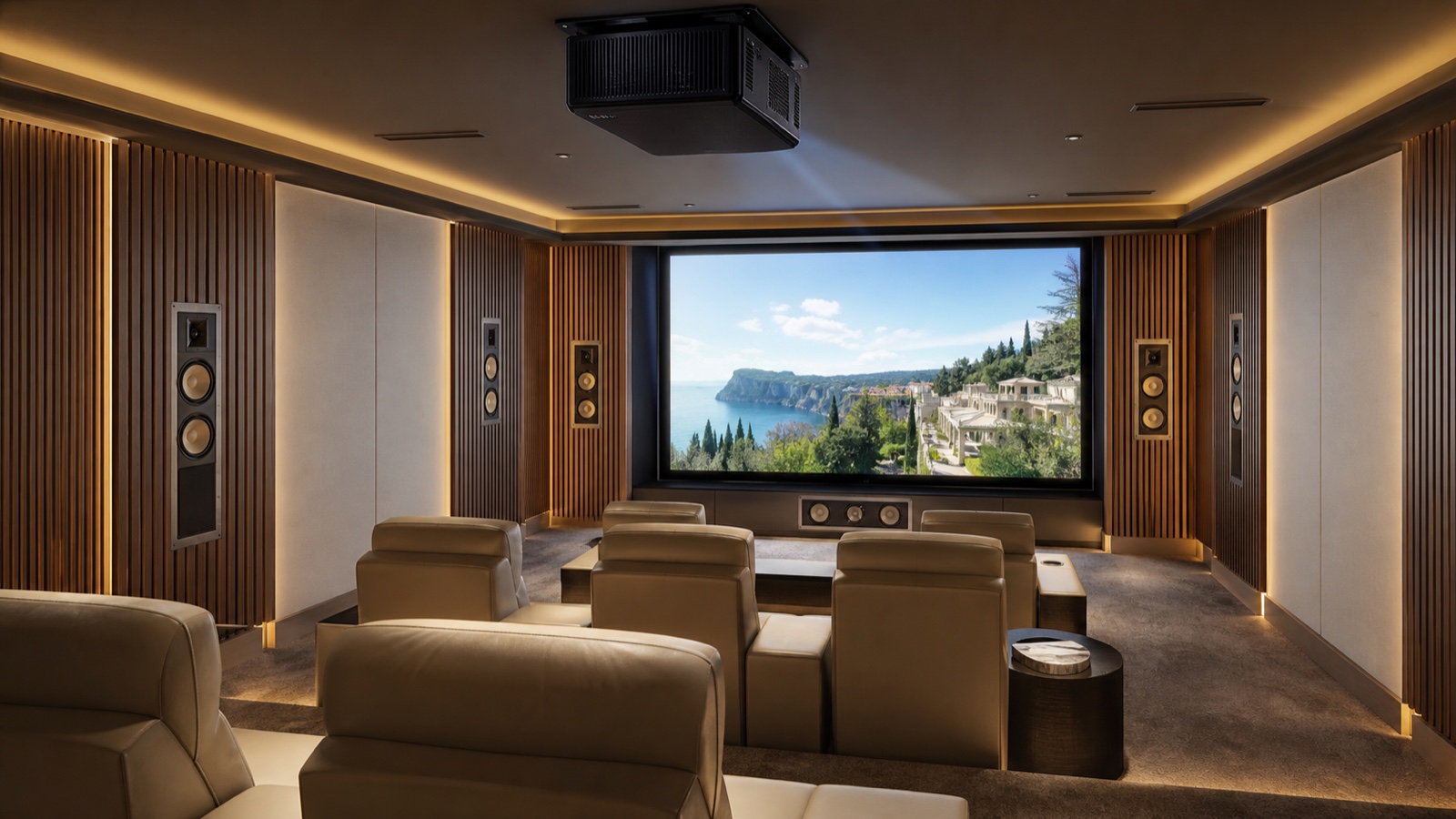 Caixas acústicas Focal integradas a home cinema privativo NEXTTHOUSE, em sala escura com iluminação de acento e tela de projeção.