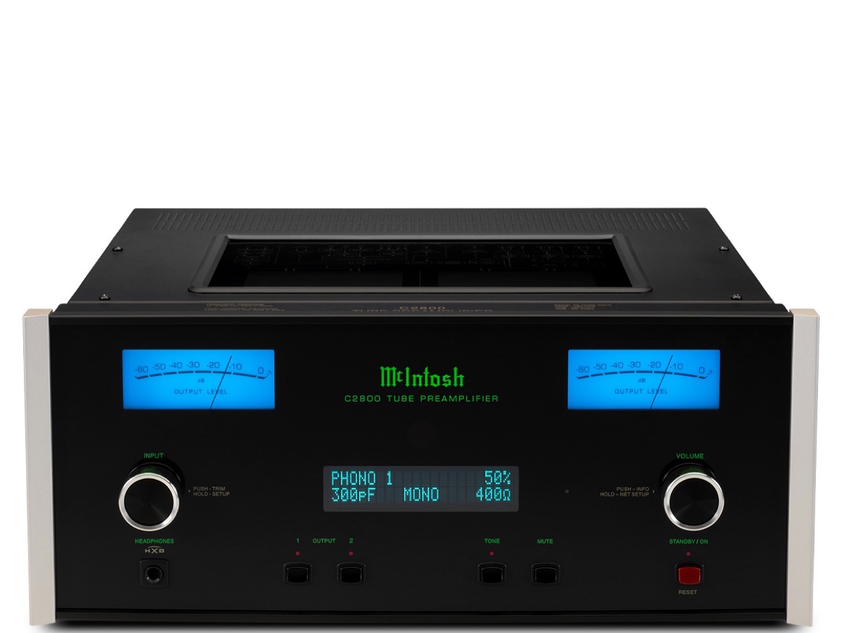 Pré-amplificador valvulado McIntosh C2800 com painel preto e dois medidores azuis retroiluminados