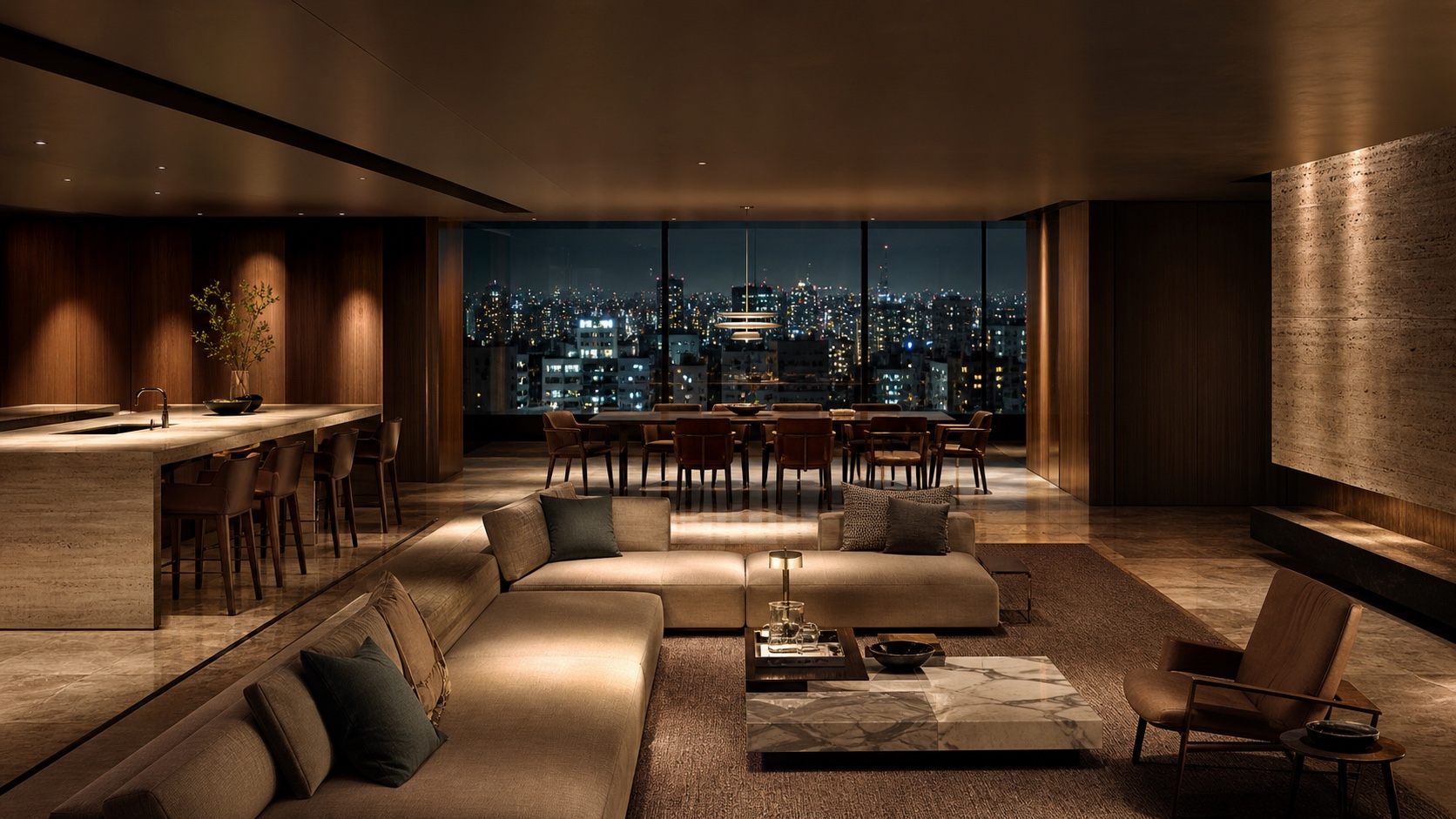 Sonance em São Paulo: living de alto padrão à noite com áudio arquitetural invisível — som distribuído pela casa sem caixas acústicas à vista.