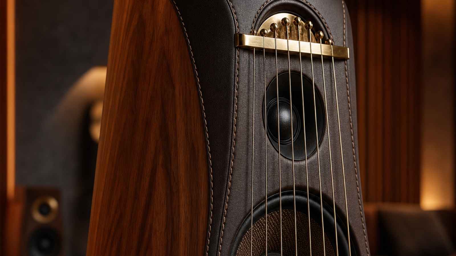 Caixas acústicas Sonus faber em sala de escuta NEXTTHOUSE, com marcenaria fina, tratamento acústico e luz âmbar de baixa intensidade.