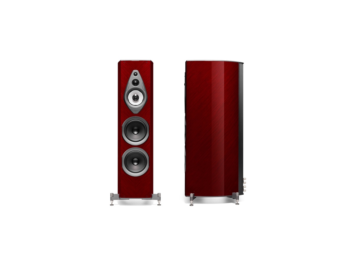 Par de caixas de coluna Sonus faber em laca vinho, vistas de frente e de lado, com gabinete curvo