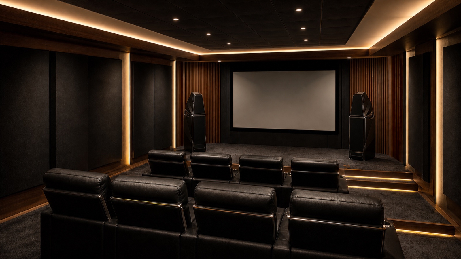 Caixas acústicas Wilson Audio de gabinete facetado flanqueando a tela em sala de home cinema NEXTTHOUSE, com ripado de madeira e luz quente indireta.