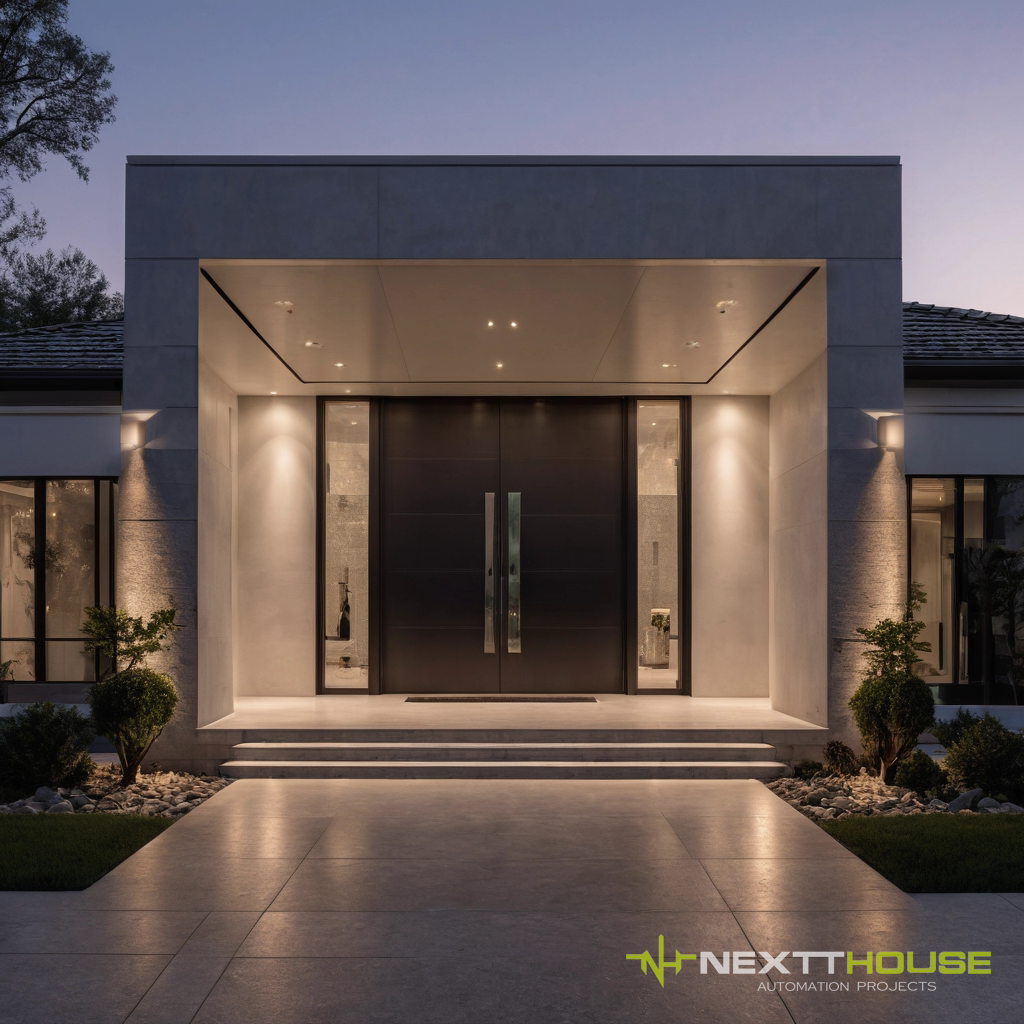 Fachada de casa de alto padrão com segurança integrada e iluminação automatizada
