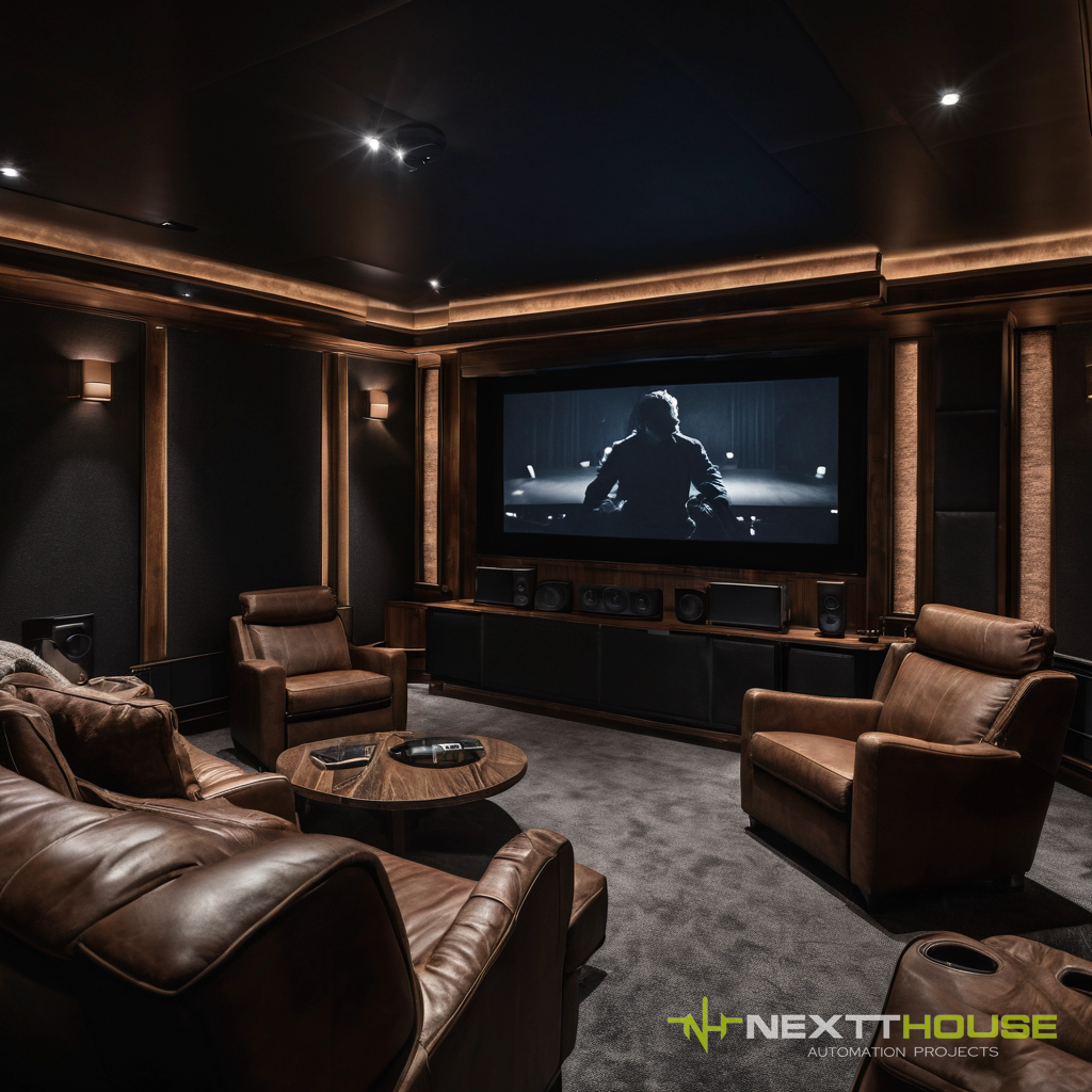 Sala de cinema escura mostrando o posicionamento de caixas surround nas laterais e ao fundo, tela iluminada e poltronas de couro, som envolvente por NEXTTHOUSE.