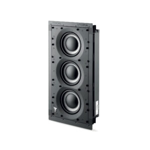 Focal 1000 IWSUB Utopia sem a grelha: três graves W alinhados na vertical em baffle preto com marcação Utopia.