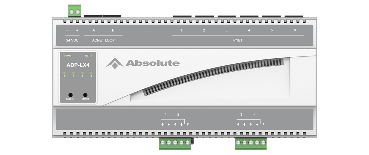 Módulo de persianas Absolute ADP-LX4 em trilho DIN, corpo branco, quatro LEDs de zona e bornes verdes.