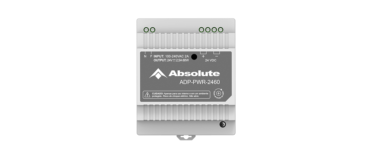 Fonte Absolute ADP-PWR-2460 cinza para trilho DIN, com etiqueta de entrada AC e saída 24V DC.