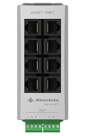 Bloco de conexão Absolute Guava AQL-GV-CB10 cinza-claro visto de frente, com fileira de portas RJ-45.