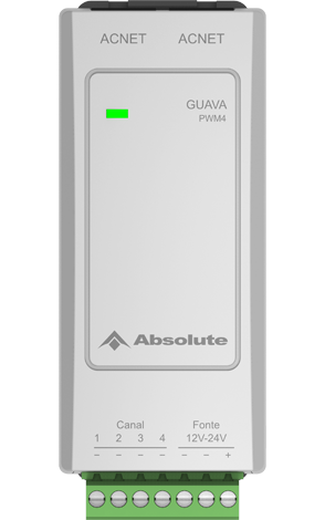 Módulo dimmer de LED Absolute Guava AQL-GV-PWM4 cinza-claro visto de frente, com bornes verdes.