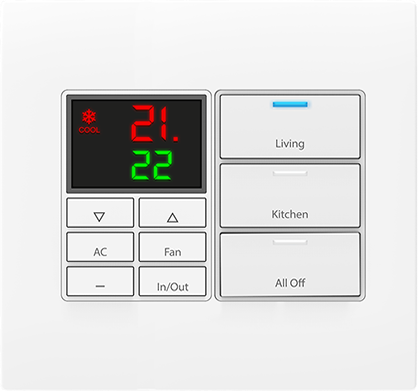 Termopad Absolute AQL-TP-K3 branco, display de temperatura e keypad de três teclas ao lado.