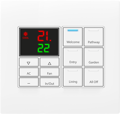 Termopad Absolute AQL-TP-K6 branco, display de temperatura e keypad de seis teclas ao lado.