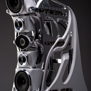 Wilson Audio Autobiography em acabamento claro, vista frontal 3/4, com módulos de drivers e gantry expostos