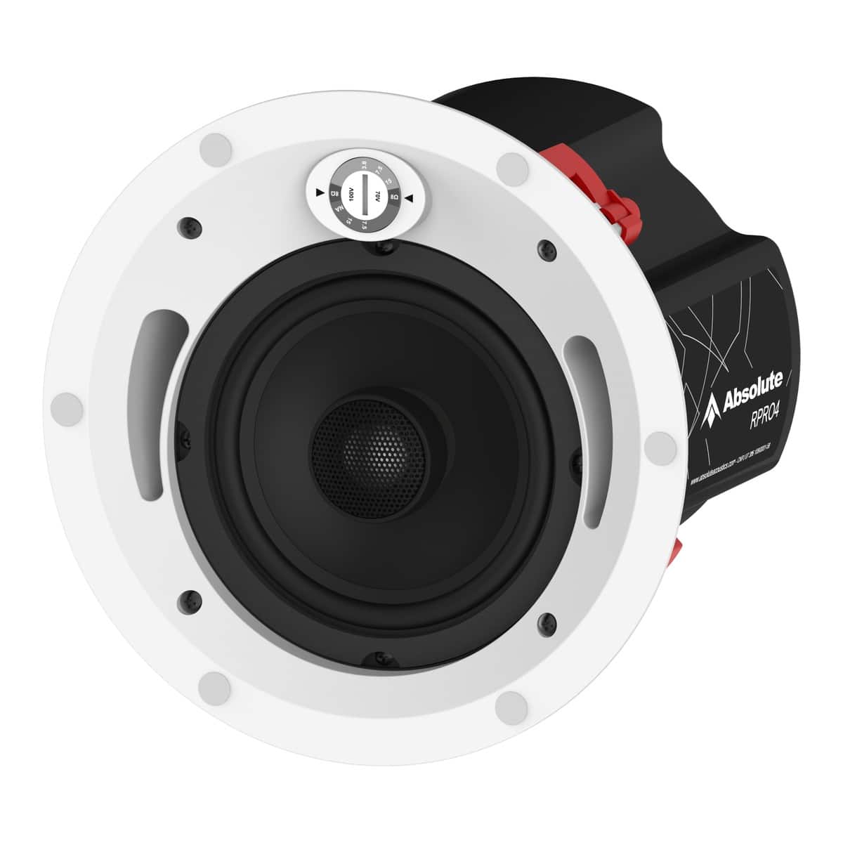 Caixa de embutir Absolute RPRO4T, em perspectiva, sem grelha, com back box metálico