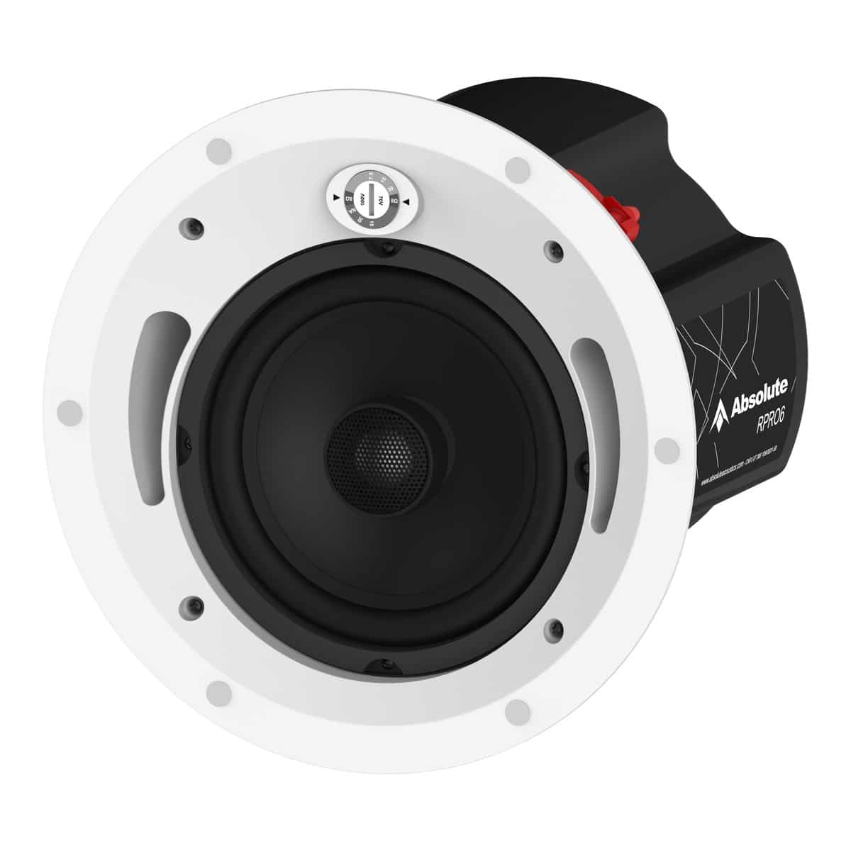 Caixa de embutir Absolute RPRO6T, em perspectiva, sem grelha, com back box metálico