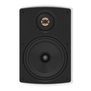 Caixa externa Absolute AQ4, frontal, gabinete preto com tweeter dourado