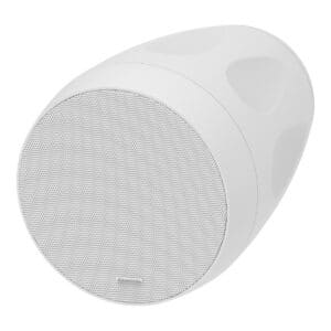 Caixa pendente Absolute PD6T, em perspectiva, branca com grelha perfurada