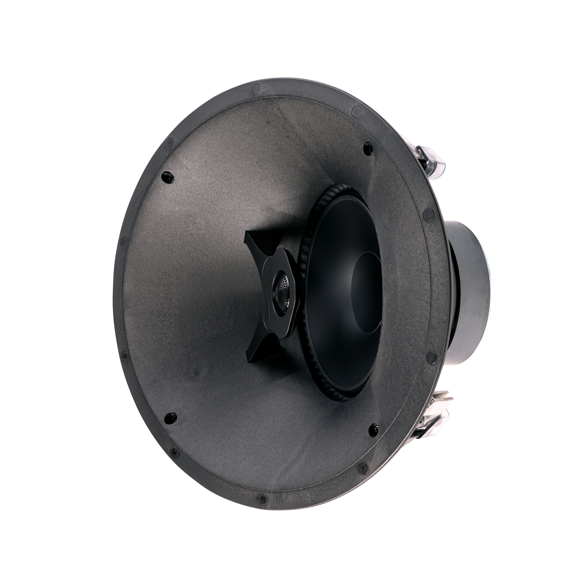 Alto-falante de embutir CI Elite E80-A v2 da Paradigm, corpo preto fotografado sem a grade branca, vista em três quartos.