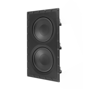 Subwoofer de embutir em parede DCS-208IW3 da Paradigm, chassi preto com dois drivers, sem a grade branca.