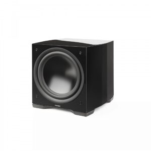 Subwoofer Defiance S12 da Paradigm em acabamento preto, vista frontal em três quartos com a grade instalada.