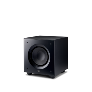 Subwoofer Defiance V10 da Paradigm em acabamento preto acetinado, vista frontal com a grade instalada.