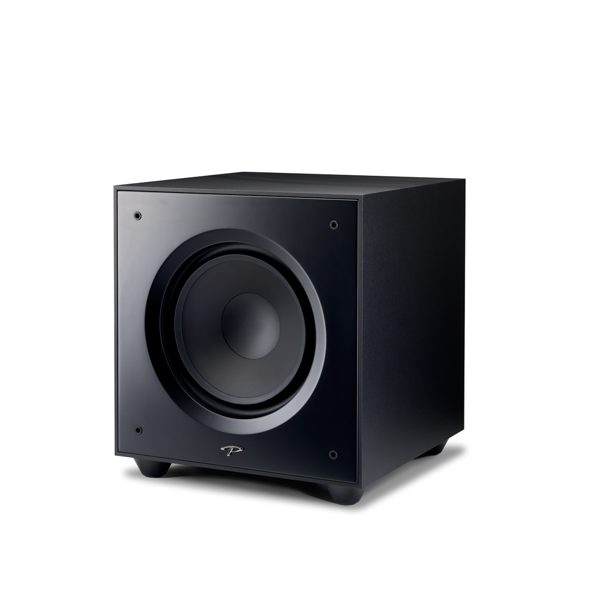 Subwoofer Defiance V12 da Paradigm em acabamento preto acetinado, vista frontal com a grade instalada.