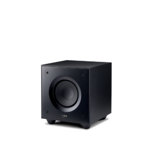 Subwoofer Defiance V8 da Paradigm em acabamento preto acetinado, vista frontal com a grade instalada.