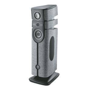 Coluna ativa sem fio Focal Diva Alta Utopia em Grey Felt com topo e base preto brilhante, vista 3/4, fundo branco