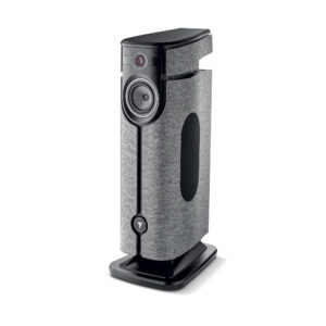 Coluna ativa sem fio Focal Diva Utopia em Grey Felt com topo e base preto brilhante, vista 3/4, fundo branco