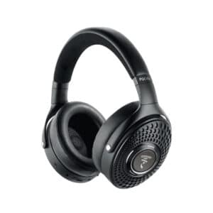 Fone Focal Bathys, fechado e sem fio, em preto, com almofadas de couro e logotipo iluminado na concha