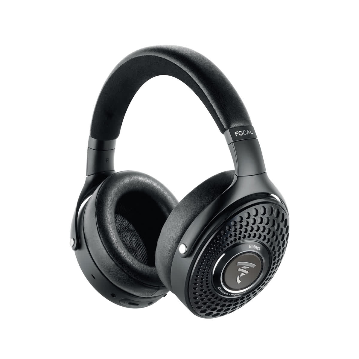Fone Focal Bathys, fechado e sem fio, em preto, com almofadas de couro e logotipo iluminado na concha