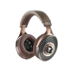 Fone de ouvido Focal Clear MG, aberto, em champanhe e castanho, com grelha em favo de mel e almofadas de microfibra