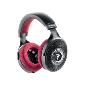 Fone Focal Clear Mg Professional, aberto, em preto com almofadas de microfibra vermelha e domo de magnésio