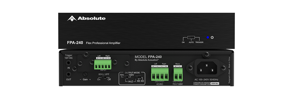 Amplificador Absolute FPA-240 preto, vistas de frente e traseira, chassi 1U half-rack.