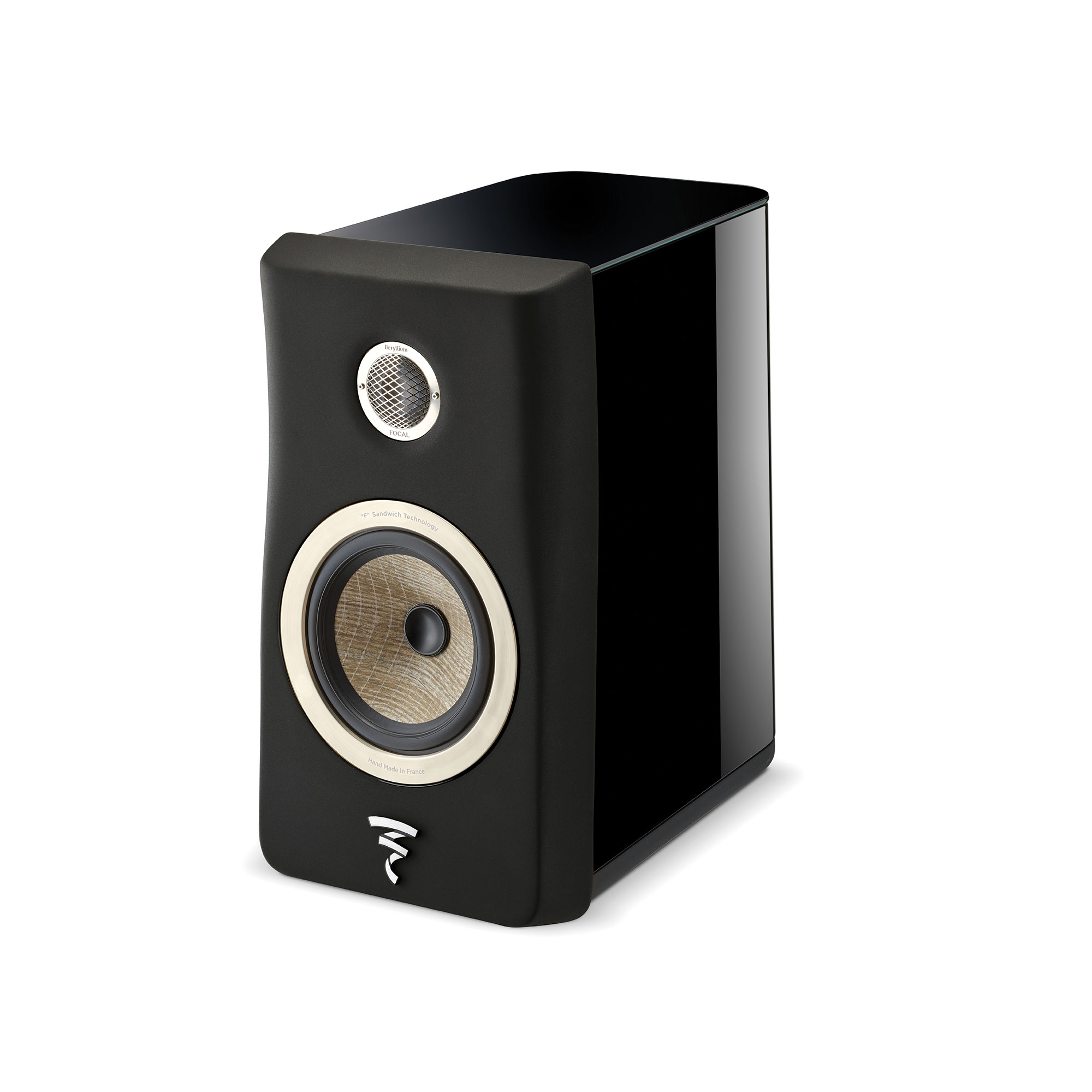 Caixa bookshelf Focal Kanta N°1 em Black High Gloss com frente Black Mat, sem grade, cone Flax à vista, fundo branco