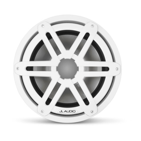 Subwoofer marinizado JL Audio M3-10IB de 10" visto de frente, com grelha esportiva branca