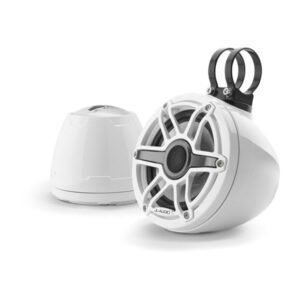 Par de pods coaxiais JL Audio M6-650VeX em corpo branco, um com braçadeira de fixação