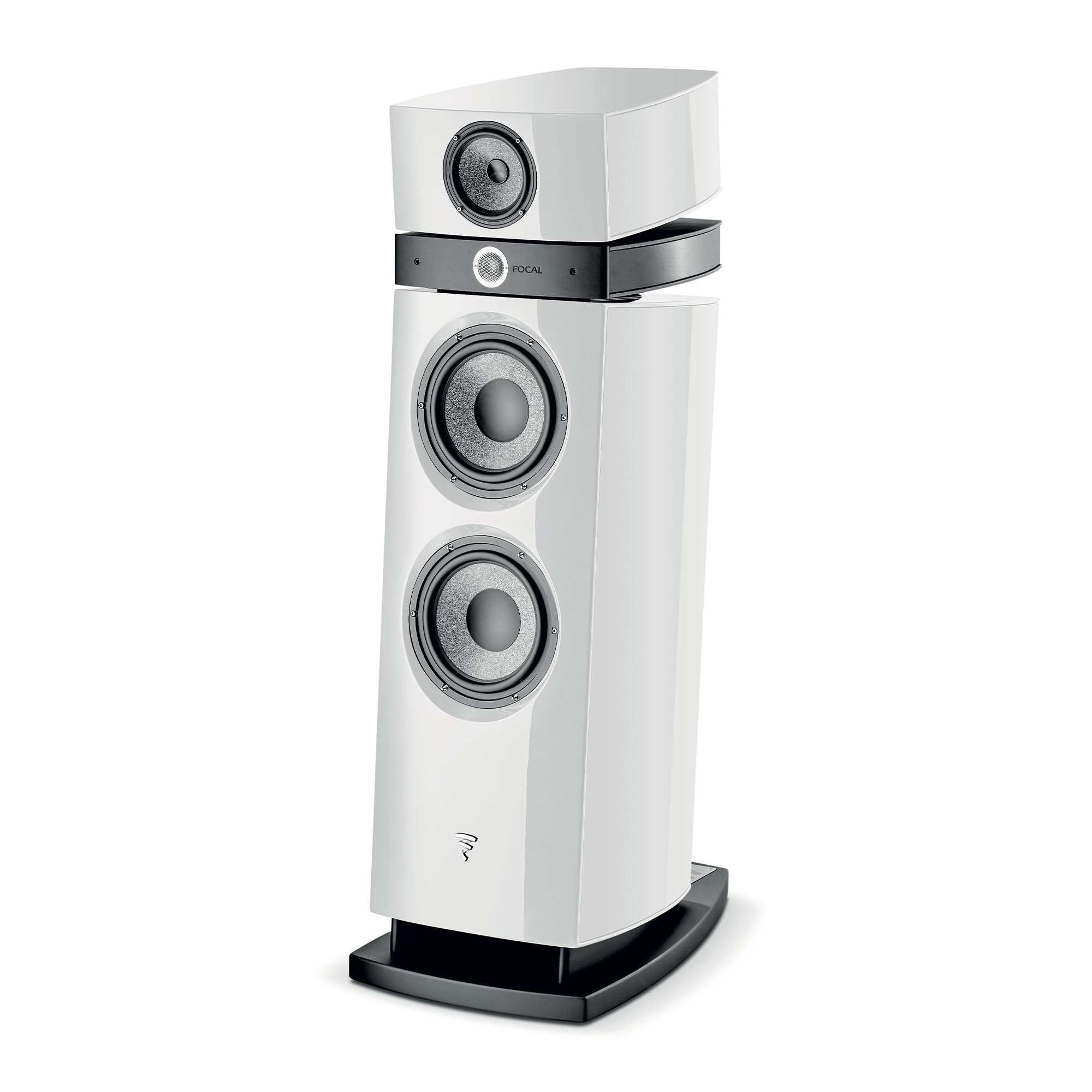 Caixa acústica Focal Maestro Utopia Evo em acabamento White Carrara, vista 3/4 sobre fundo branco