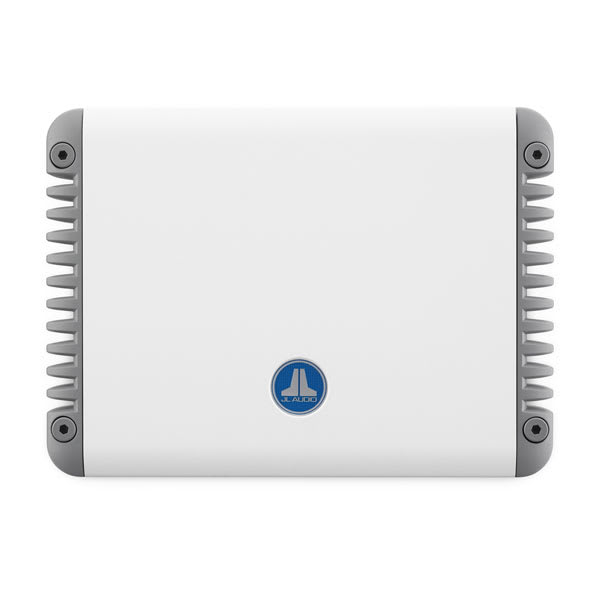 Amplificador marinizado JL Audio MHD750/1 em chassi branco, visto de cima
