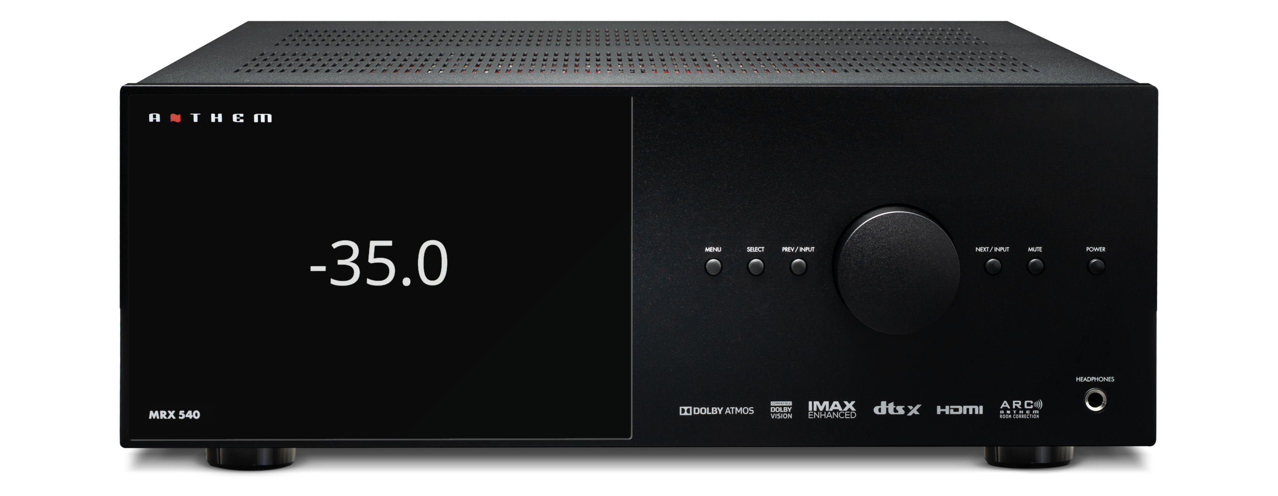 Frente do receiver Anthem MRX 540 preto, com display TFT, botão de volume à direita e serigrafia MRX 540.