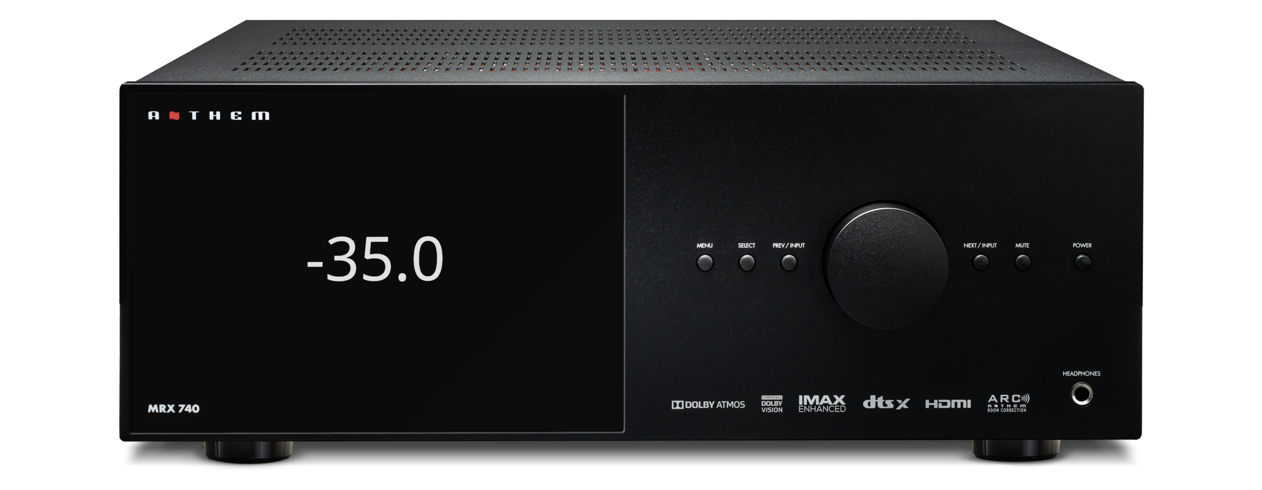 Frente do receiver Anthem MRX 740 preto, com display TFT, botão de volume à direita e serigrafia MRX 740.