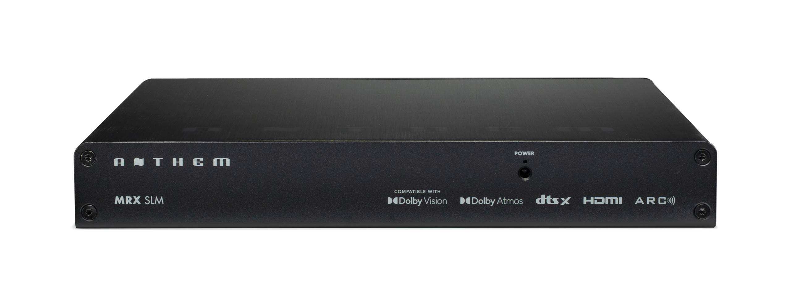 Frente do receiver ultrafino Anthem MRX SLM preto, com serigrafia MRX SLM e selos Dolby Vision, Dolby Atmos, DTS:X e ARC.