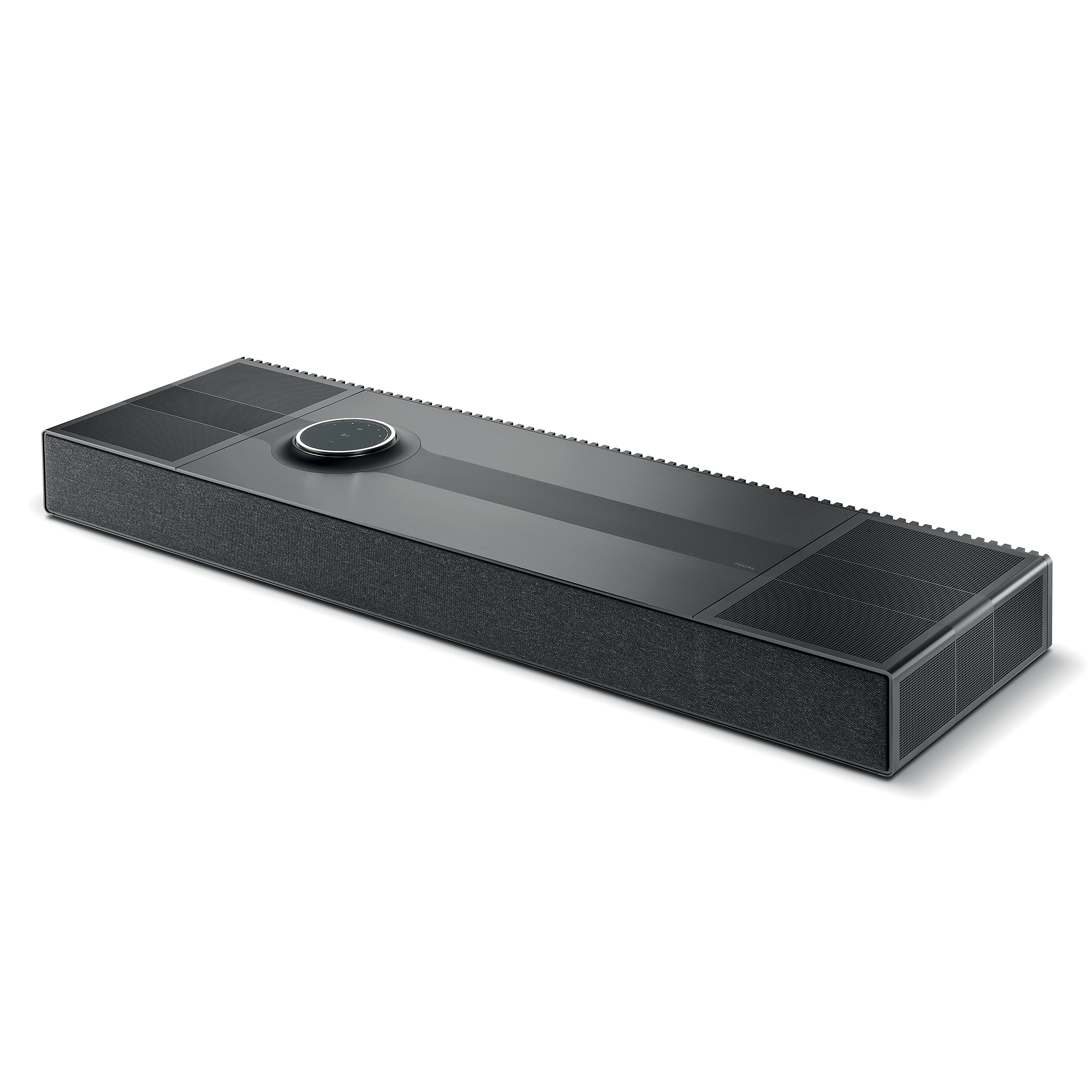 Sistema all-in-one Mu-so Hekla em alumínio preto escovado, botão rotativo de volume no topo, vista 3/4, fundo branco