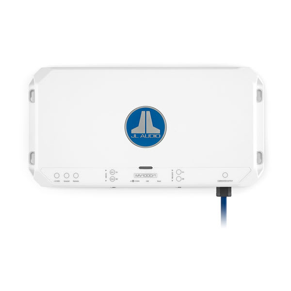 Amplificador marinizado JL Audio MV1000/1 em chassi branco, visto de cima