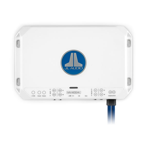 Amplificador marinizado JL Audio MV400/4i em chassi branco, visto de cima