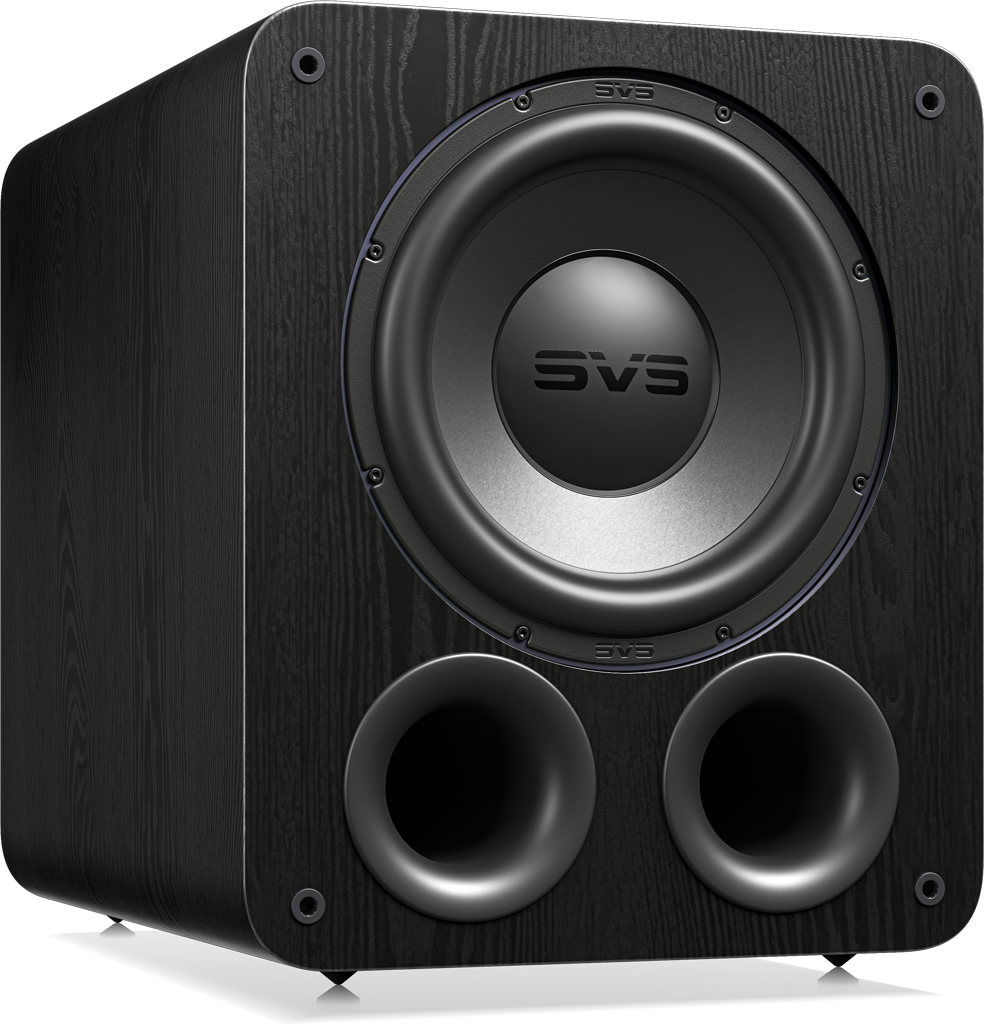 Subwoofer SVS PB-3000 R|Evolution em Premium Black Ash, sem grade, com alto-falante frontal e duas portas embaixo.