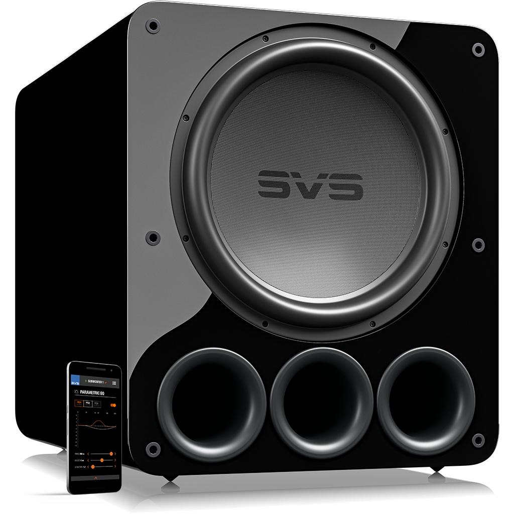 Subwoofer SVS PB17-Ultra R|Evolution em Piano Gloss Black, sem grade, com alto-falante de 17 polegadas e três portas.
